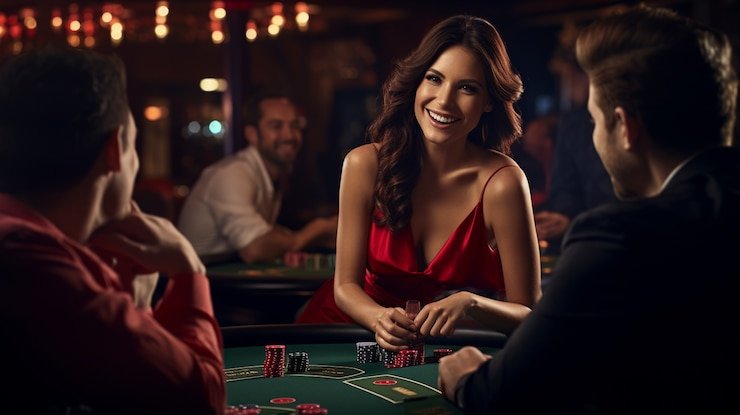 Meja Caribbean Stud Poker di teko 777 dengan dealer dan area taruhan yang jelas